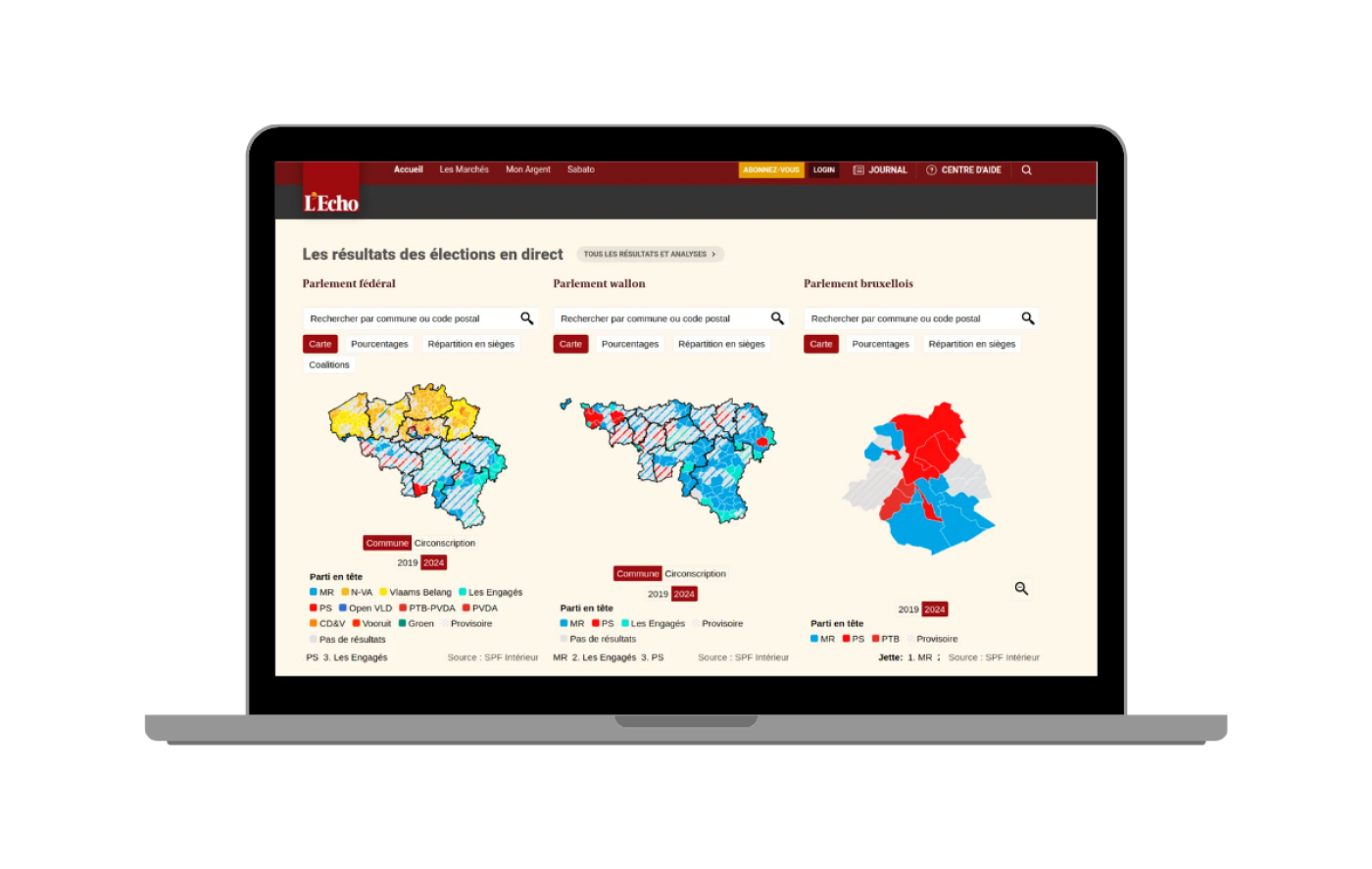 De uitslagenvisualisatietool voor België. Beeld: L’echo / www.lecho.be